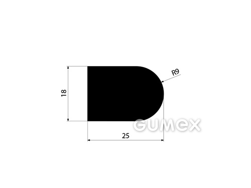 Gumový profil tvaru "D", 18x25/R9mm, 60°ShA, NBR, -40°C/+70°C, čierny